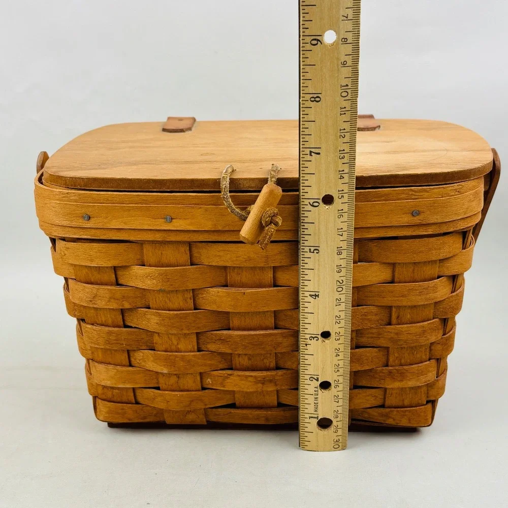 Vintage Longaberger Small Wood Picnic Basket Moving‎ Handle Brown Handwoven 1991